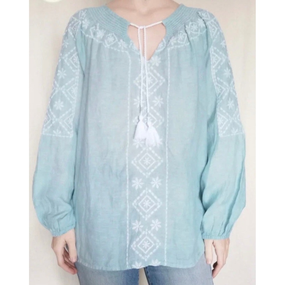 Joie 100% Linen Embroidered‎ Tassel V-Neck Blouse Top Blue boho peasant Size L